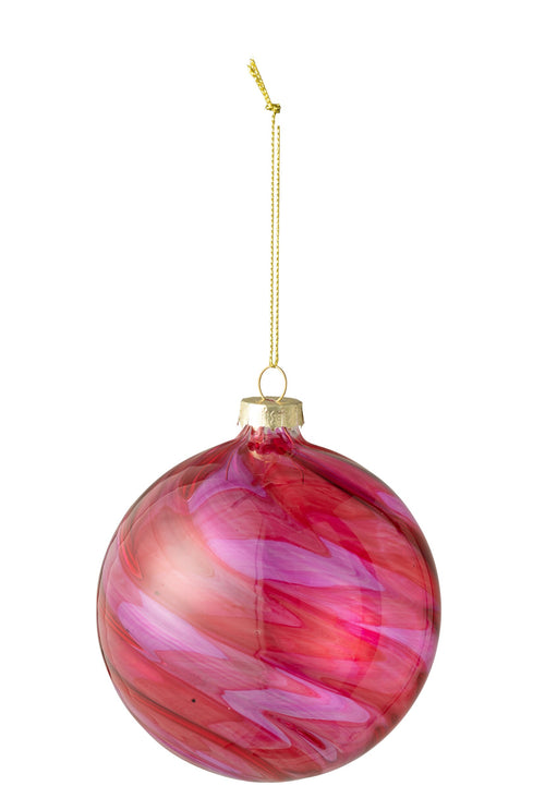 J-Line kerstbal Gestreept - glas - rood/roze - 12 stuks