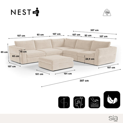 Sia Home - Modulaire panoramische hoekbank links NEST - Zacht aanvoelende geweven stof - Beige - 307cm