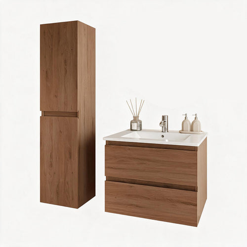 LOMAZOO badmeubelset Verona - met hoge kast & witte wastafel - warm eiken - 60 cm
