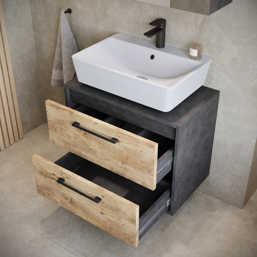 Badplaats Wastafelkast Set Florence 60 x 35 cm – Kastanje Eiken met Donker Grijs – Badmeubel met Spiegelkast