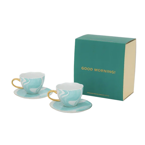 Urban Nature Culture Good Morning kopje Cappuccino/Tea en bord Valuri Emerald Green - set van 4 - in cadeauverpakking