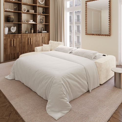 Premium Interiors - Linkerhoekbank met snelle uitklapfunctie COMO - corduroy beige 300cm
