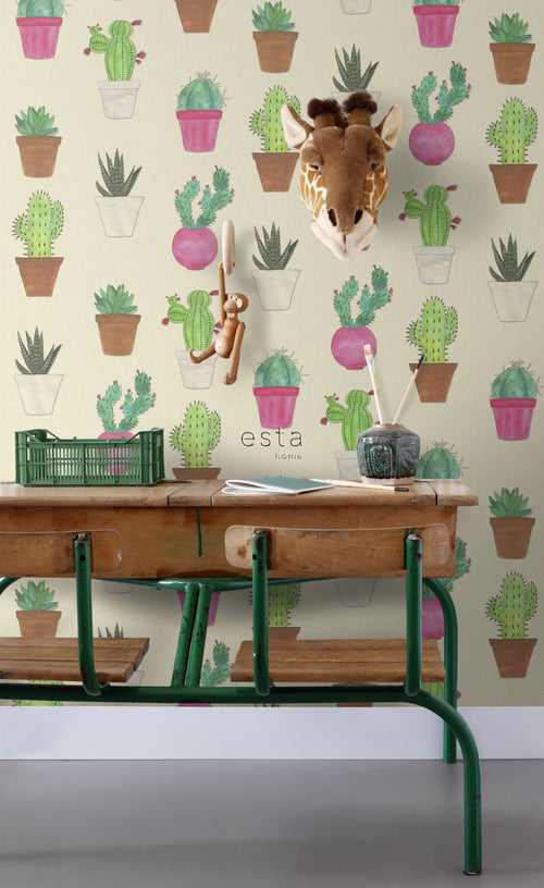 ESTAhome XXL behang cactussen groen, roze en beige - 50 x 900 cm - 158604 - vtwonen shop