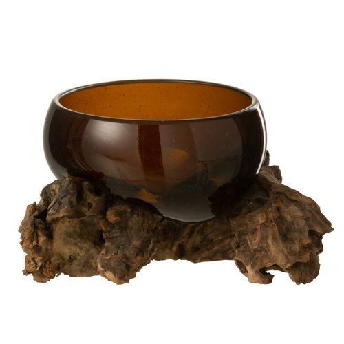 J-Line vaas op voet Gamal - hout/glas - naturel/bruin - small - Ø 14 cm