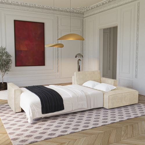 Premium Interiors - Rechthoekige hoekbank met slaapfunctie en opbergruimte  - corduroy beige 297cm