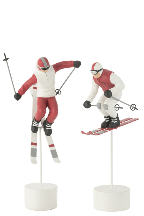 J-Line decoratie Race Skier - polyresin - rood/wit - 2 stuks