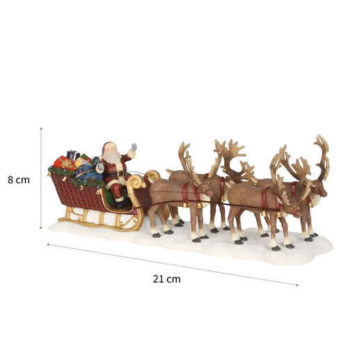 Luville Originals Kerstman met Rendierenslee - Kerstversiering voor Kerstdorp Miniatuur - Kerst Decoratie met Rendieren en Cadeaus - L21 x B7 x H8 cm