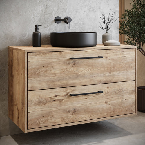 Badplaats Wastafelkast Florence 80 x 46 cm – Kastanje Eiken – Hangend Badmeubel met 2 Lades en Zwarte Handgrepen