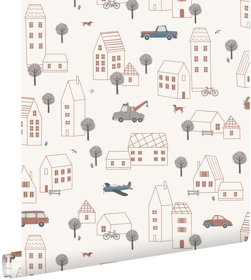 ESTAhome behang voertuigen beige, blauw en rood - 50 x 900 cm - 131825