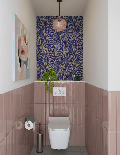 ESTAhome behang palmbladeren kobaltblauw en taupe - 50 x 900 cm - 131971