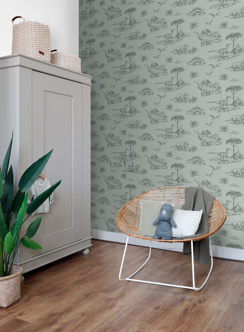 ESTAhome behang dinosaurussen vergrijsd zeegroen - 53 cm x 10.05 m - 139556