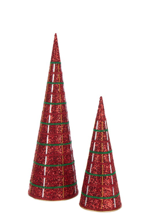 J-Line decoratie Kegel Kralen - ijzer - kerstrood - set van 2