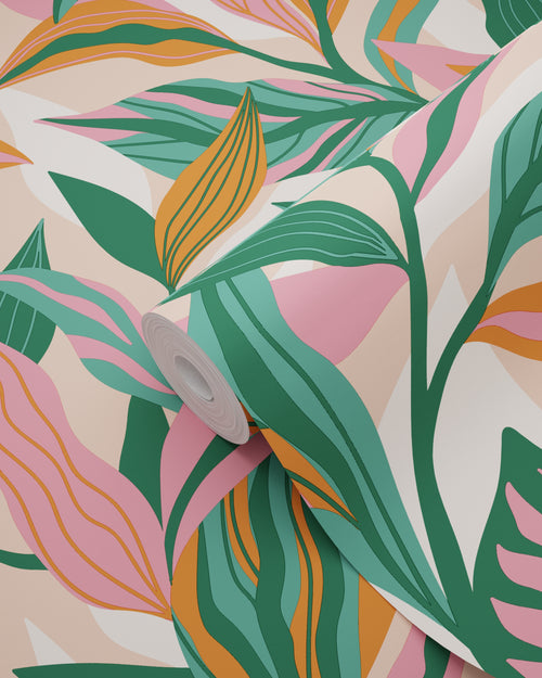 ESTAhome behang tropische bladeren turquoise, roze en oranje - 50 x 900 cm - 131044