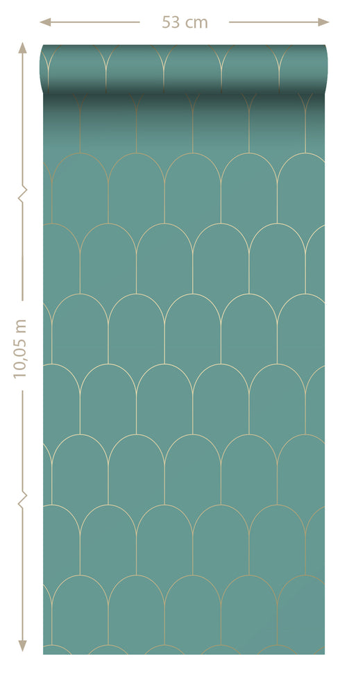 ESTAhome behang art deco motief zeegroen en goud - 53 cm x 10.05 m - 139204