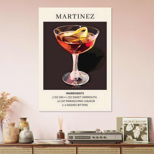 Artfulprints Poster met Lijst Martinez cocktail - Ingrediënten   - A4 21x29.7 cm - Zwart