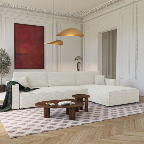 Premium Interiors - Rechthoekige hoekbank met slaapfunctie en opbergruimte  - stof met tweed-effect crème 297cm