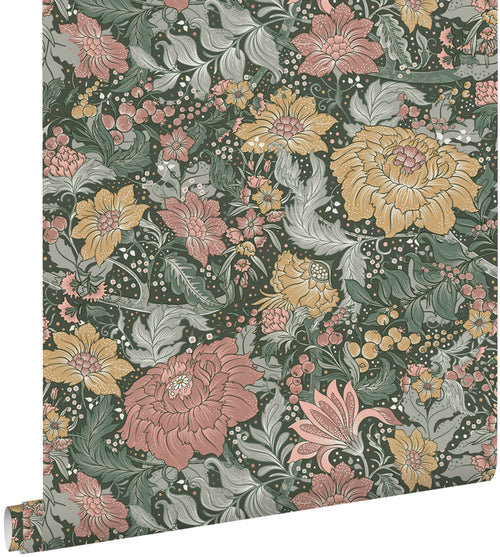 ESTAhome behang vintage bloemen blauwgroen, oudroze en okergeel - 50 x 900 cm - 131198