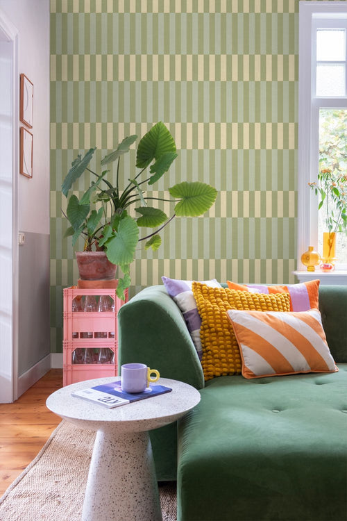 ESTAhome behang linnen-look strepen groen, blauw en beige - 50 x 900 cm - 132250