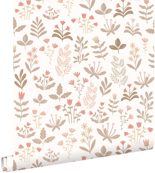 ESTAhome behang veldbloemen vergrijsd groen, licht roze en rood - 50 x 900 cm - 131093 - vtwonen shop