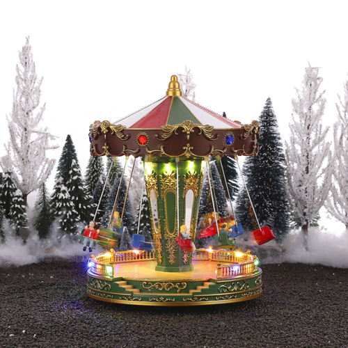Luville Kerstdorp Miniatuur Kermisattractie Zweefmolen - Kerstversiering met Draaiende Stoeltjes en Verlichting - Guirlande voor Kerstdorp -