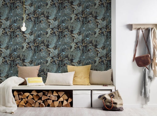 Livingwalls behang jungle-motief turquoise, zwart, blauw en groen - 53 cm x 10.05 m - AS-385222 - vtwonen shop