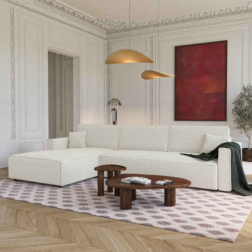 Premium Interiors - Linkshoekbank met slaapfunctie en opbergruimte  - stof met tweed-effect crème 197cm