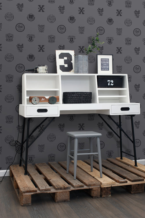 ESTAhome behang school emblemen donkergrijs - 53 cm x 10.05 m - 128806