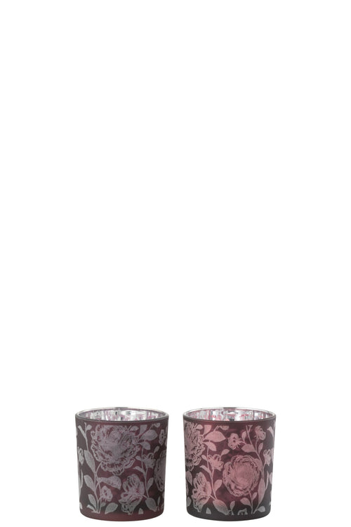 J-Line windlicht Bloemen - glas - paars/zilver - small - 2 stuks