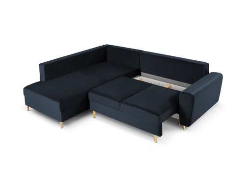 Cosmopolitan Design Uitklapbare hoekbank links met opbergdoos Kyoto 5-zits, flueel, donkerblauw - 194x243x88cm