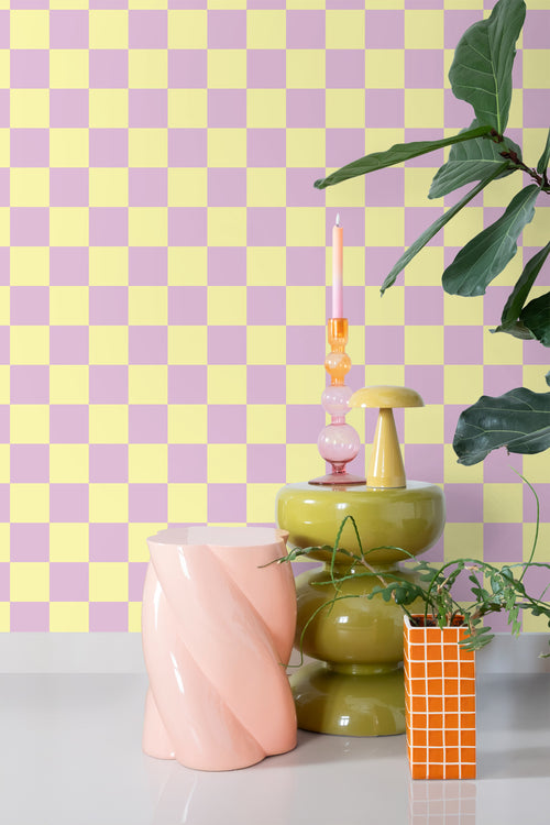 ESTAhome behang geblokt motief lila paars en geel - 53 cm x 10.05 m - 131134 - vtwonen shop