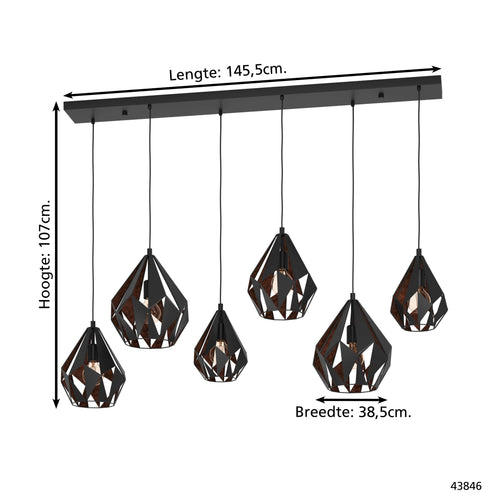 EGLO hanglamp Carlton 1 - e27 - 145,5 cm - zwart/koper - vtwonen shop