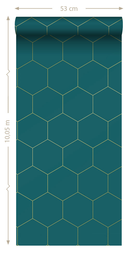 ESTAhome behang hexagon petrolblauw en goud - 0,53 x 10,05 m - 139455 - vtwonen shop