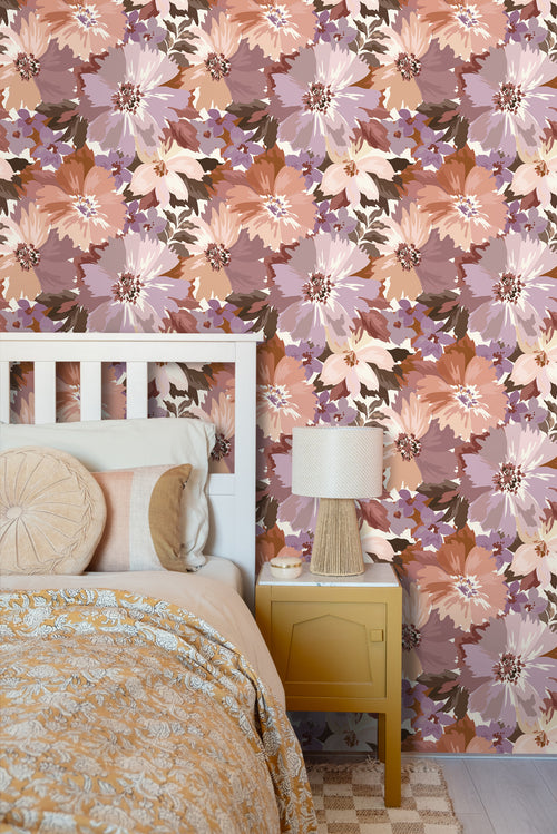 ESTAhome behang bloemen mauve paars en terracotta - 50 x 900 cm - 131266