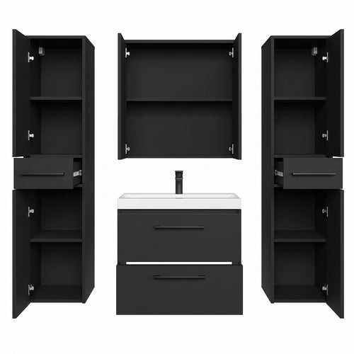 Badplaats Badkamermeubel Set Florence 60 cm XL – Zwart Mat – Hangend Badmeubel met Wastafel, Spiegelkast en Zijkasten