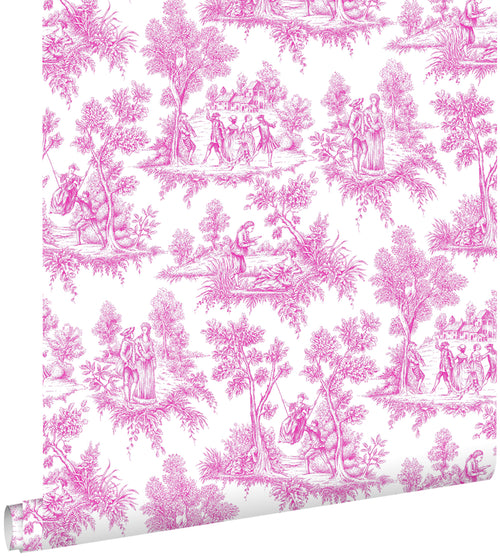 ESTAhome behang toile de jouy print roze - 53 cm x 10.05 m - 136819