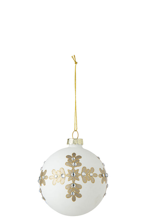 J-Line Kerstbal met bloemen - glas - wit/goud - set van 24