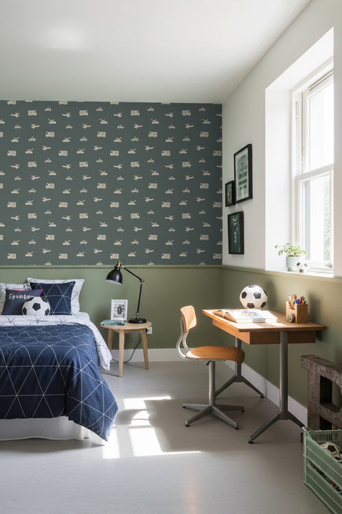 ESTAhome behang auto's, brandweerauto's, helikopters en kranen groen 53 cm x 10.05 m 131400
