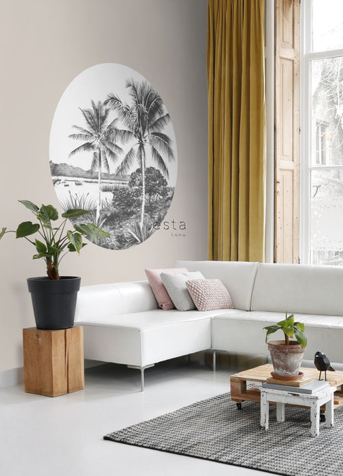 ESTAhome zelfklevende behangcirkel tropisch landschap met palmbomen zwart wit - Ø 140 cm - 159005 - vtwonen shop