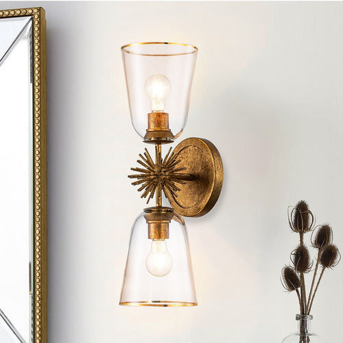 Wandleuchte Modern Antik Gold, Glasschirme 2x E27