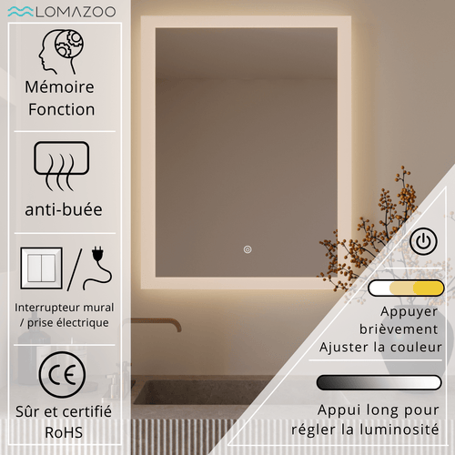 LOMAZOO badkamerspiegel Orlando - met LED verlichting & spiegelverwarming - rechthoekig - 60 x 80 cm