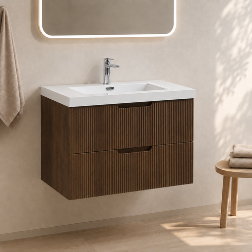 Badplaats Badkamermeubel Set Thermis 80 cm – Walnoot Bruin – Badmeubel met Wastafel