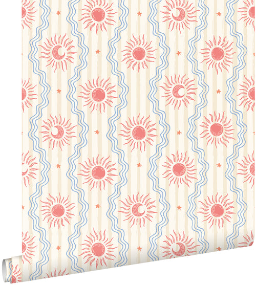 ESTAhome behang retro ornamenten beige, blauw en rood - 50 x 900 cm - 132014