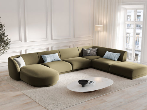 Micadoni Panoramische hoekbank rechts Miley 6-zits, flueel, groente - 255x330x70cm