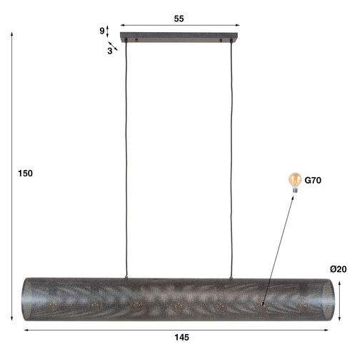 Giga Meubel Hanglamp Koker XL Mesh - Zwart Metaal - 7-Lichts - 145x20x150cm