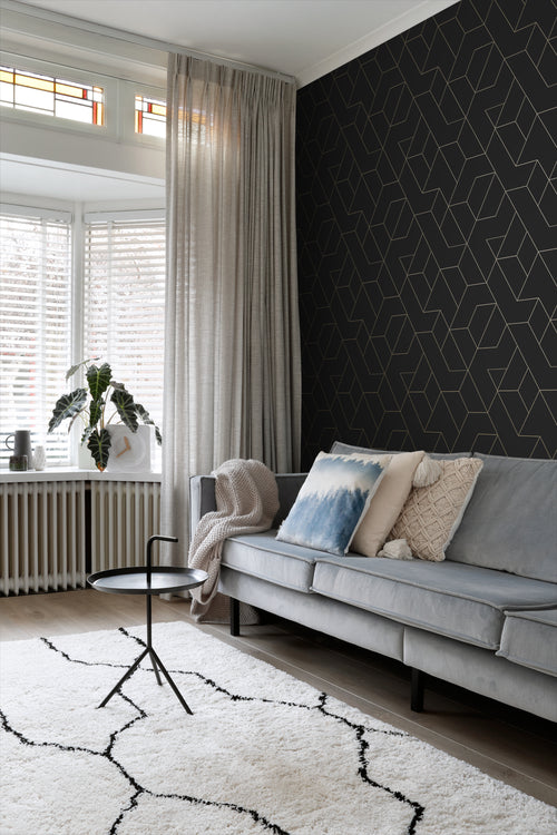 ESTAhome behang grafische lijnen zwart en goud - 50 x 900 cm - 139945 - vtwonen shop