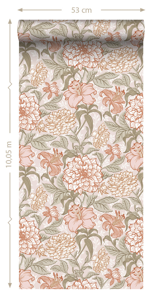 ESTAhome behang vintage bloemen oudroze en groen - 53 cm x 10.05 m - 139479