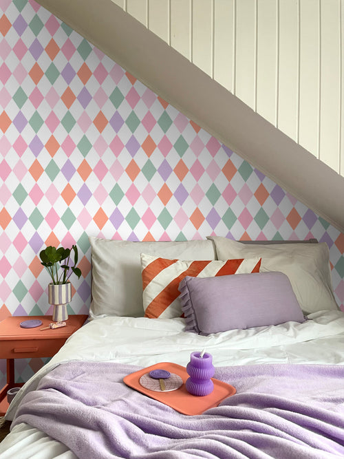 ESTAhome behang ruitjes lila paars, oranje en roze - 50 x 900 cm - 131765
