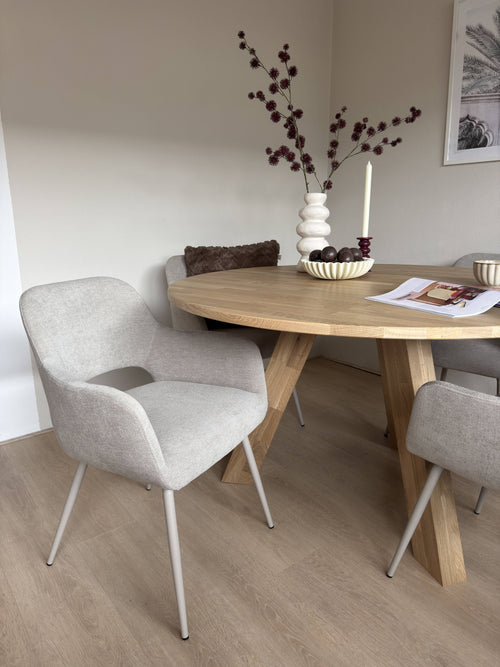 WOOOD eettafel Rhonda - Eiken - Naturel & eetkamerstoelen Jenny - Stof - Naturel - 75x129x129/80x58x58