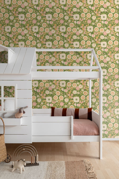 ESTAhome behang retro bloemen groen, roze en oranje - 50 x 900 cm - 132160