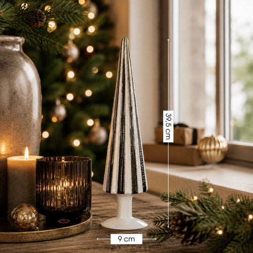 Mica Decorations Kerstboom Kegel H39 x Ø9 cm - Kerstboom Kerstversiering - Zwart/Wit Gestreepte Decoratie Boom - Sierboom met Gouden Details -